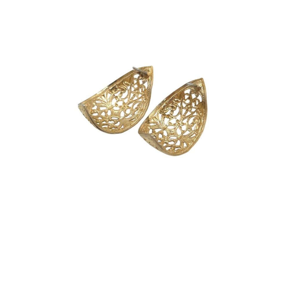 Vintage Gold-Tone Filigree Earrings Pierced Half-Moon Floral Design - Picture 4 of 4